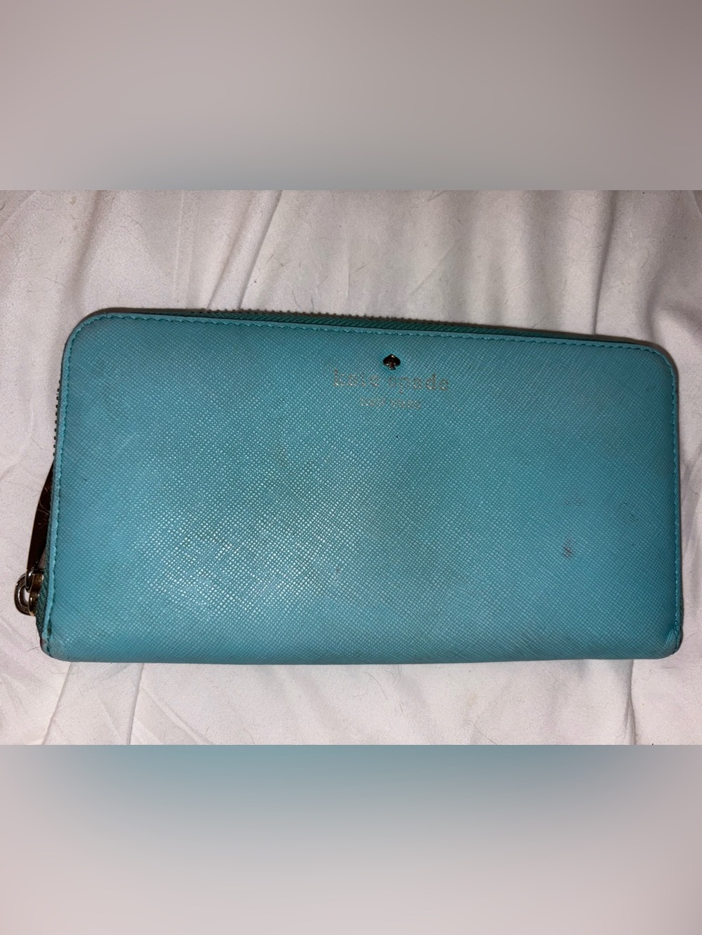 kate spade Teal Saffiano Zip Wallet with Gold Logo